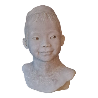 Bust young girl sculpture Asian woman asia stone signed monogram