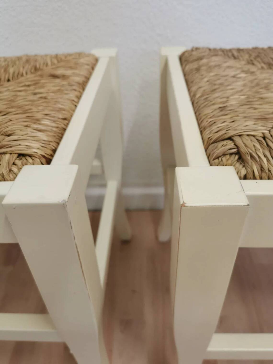 Set of 4 Vintage White Wooden Stools with Thatched Seats - 1970s Yugoslavia