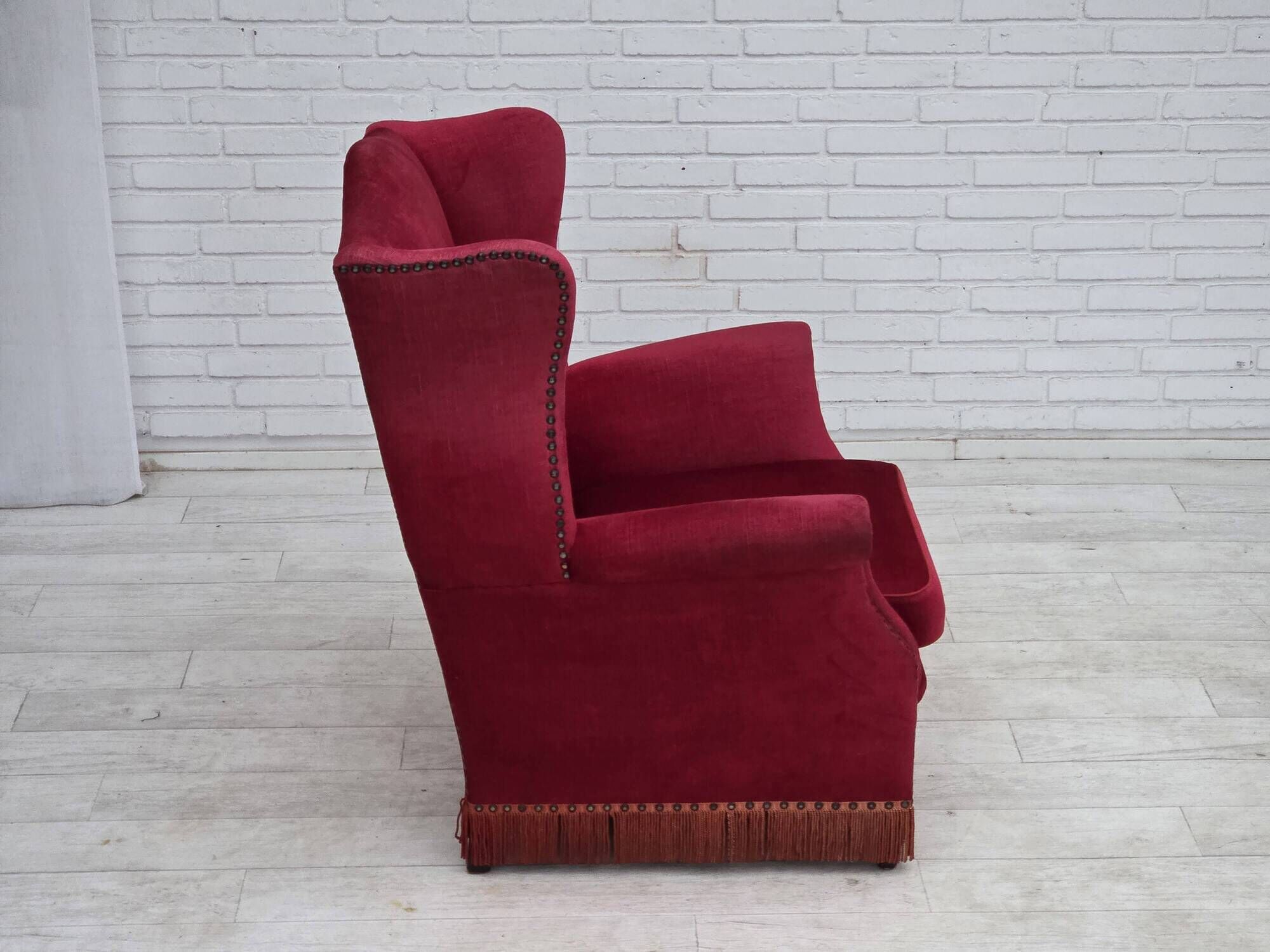 1970s, Danish highback armchair, furniture velour, ash wood legs.