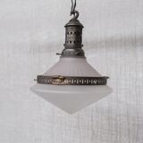 French conical glass and brass antique pendant light