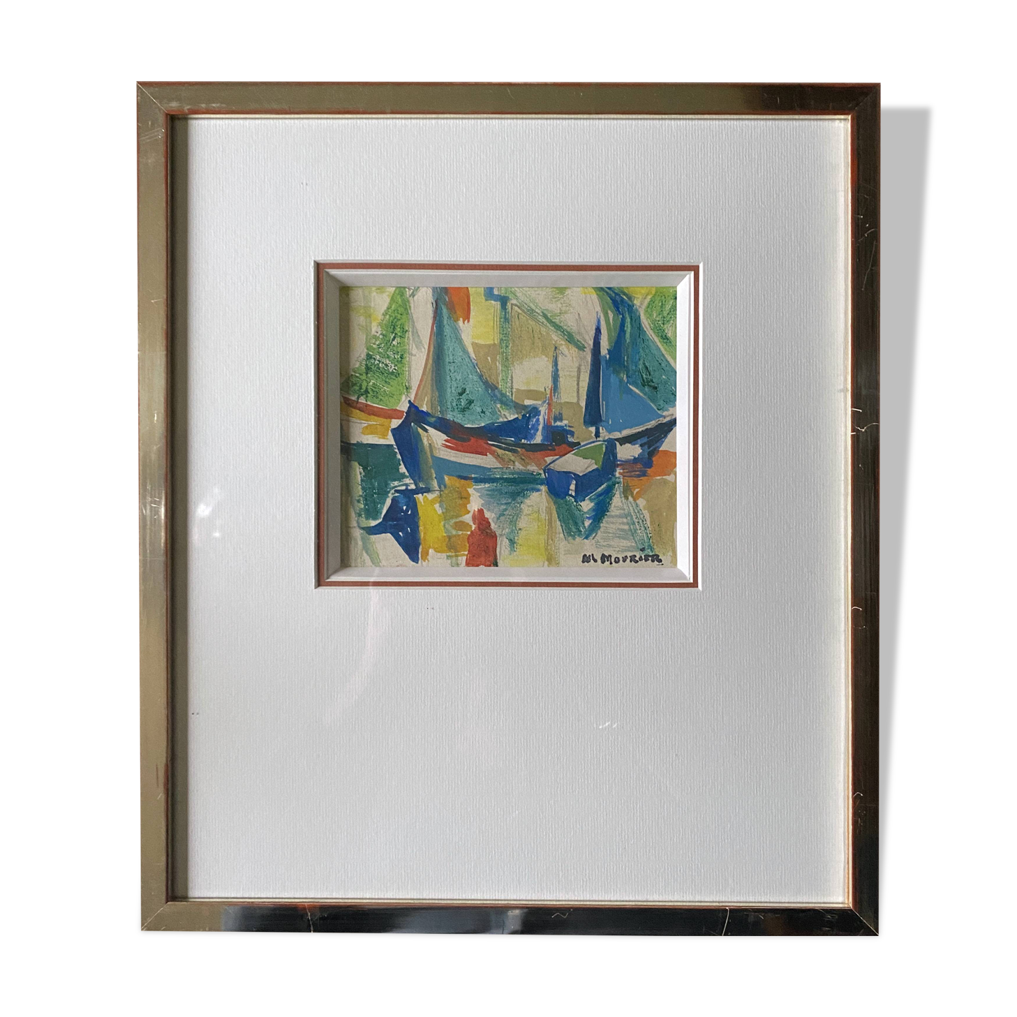 Watercolor Painting MOURIER Marguerite (1910-1987) "the sailboats" + frame
