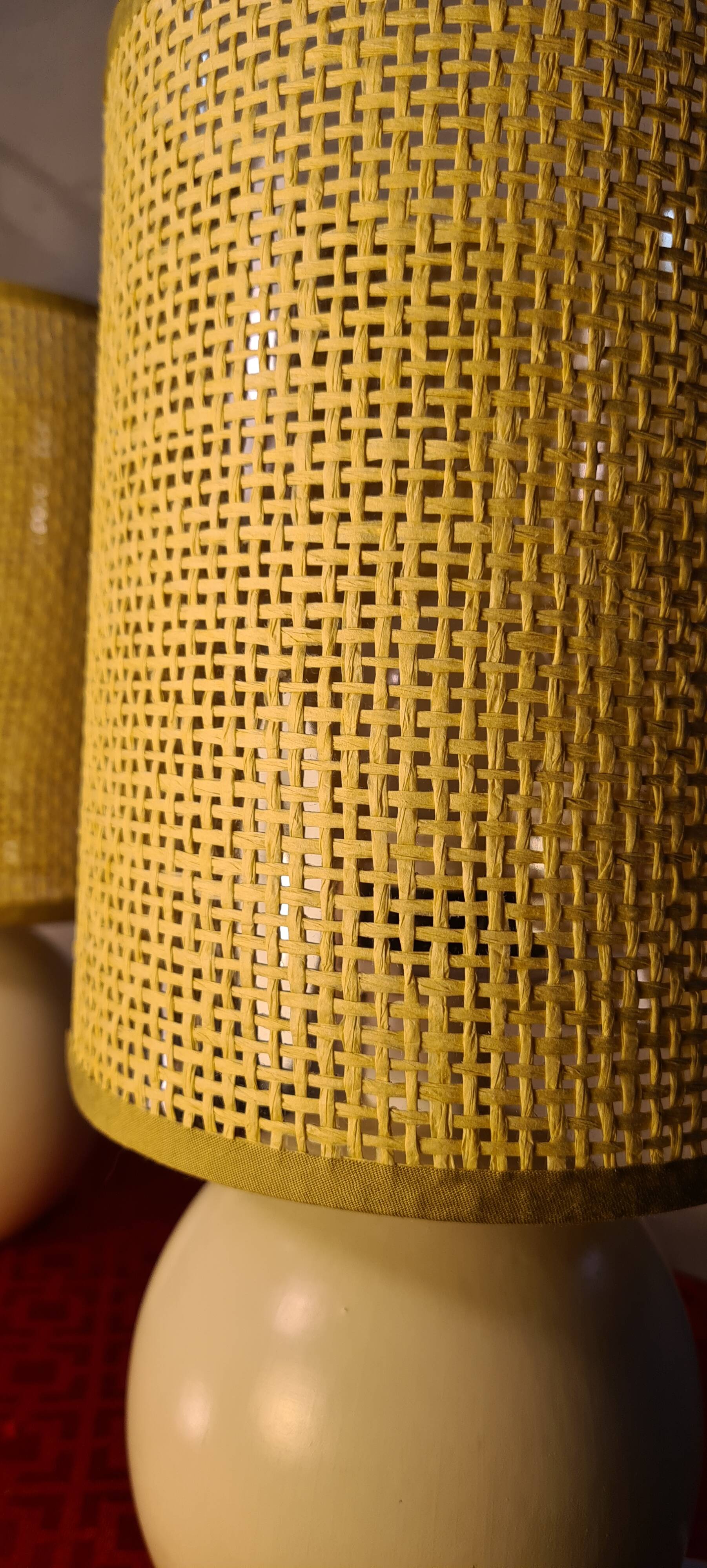 Pair of wooden bedside lamps with rush lampshades, scandinavian