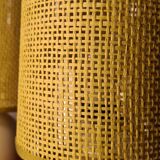 Pair of wooden bedside lamps with rush lampshades, scandinavian