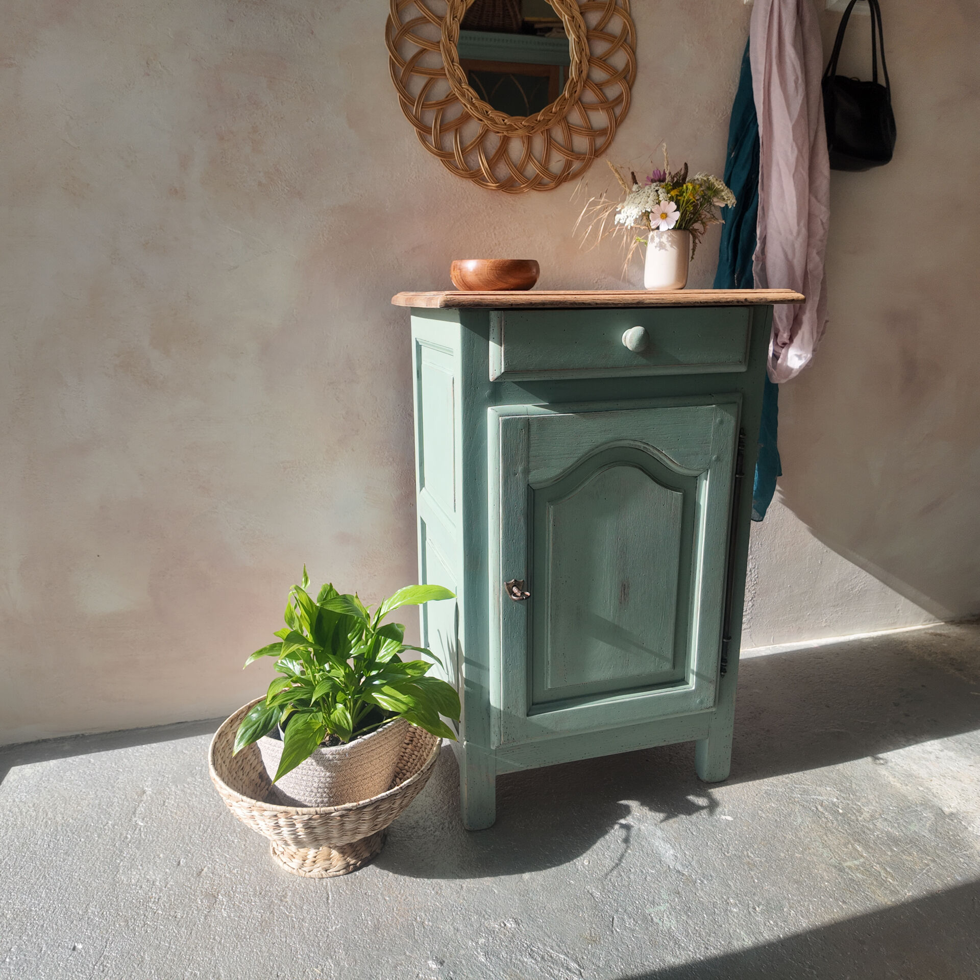 Small vintage side table in sage green patina and solid wood.