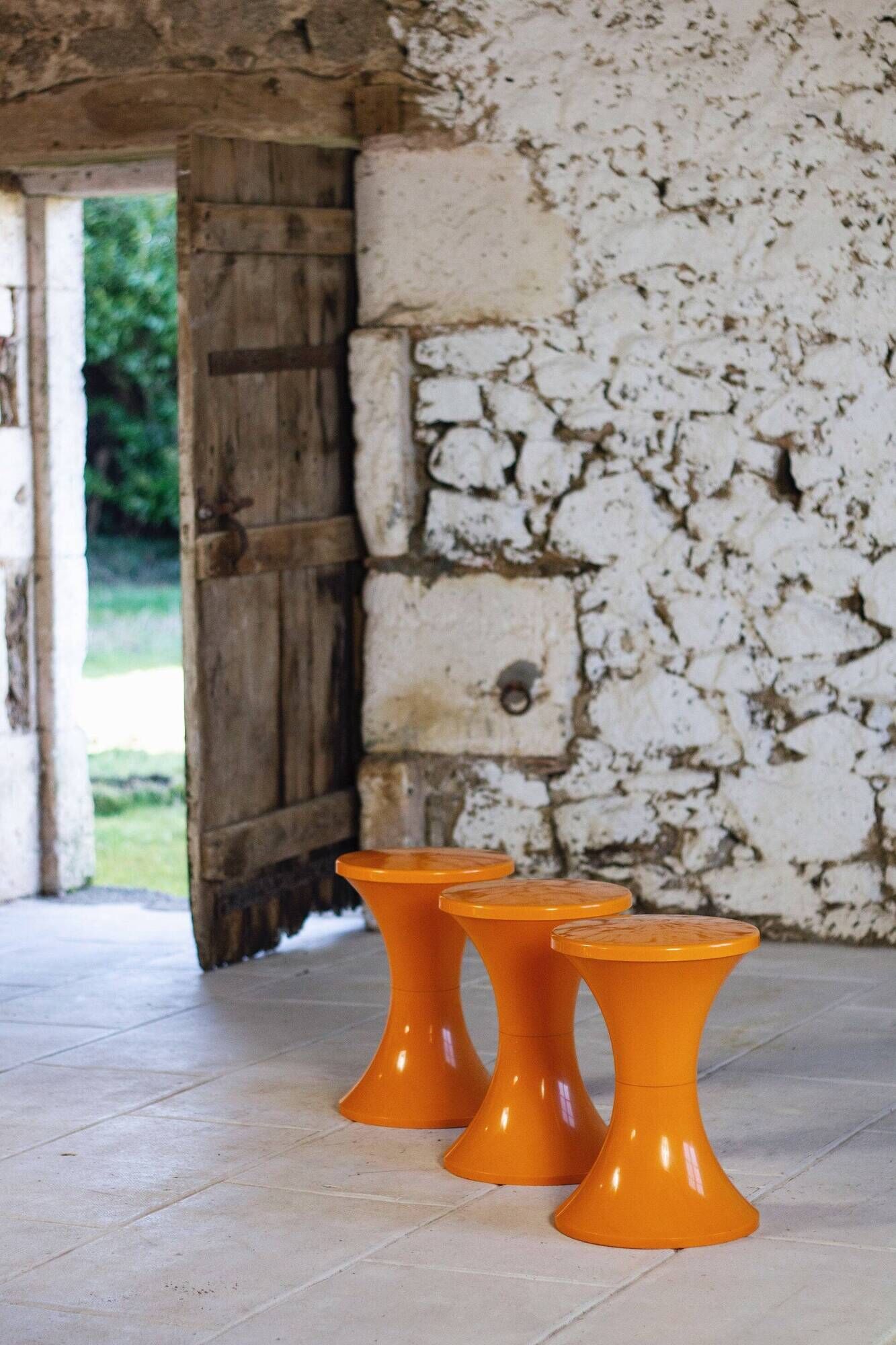 Set of 3 Tam Tam stools in orange by Henri Massonnet for Stamp, 1970.