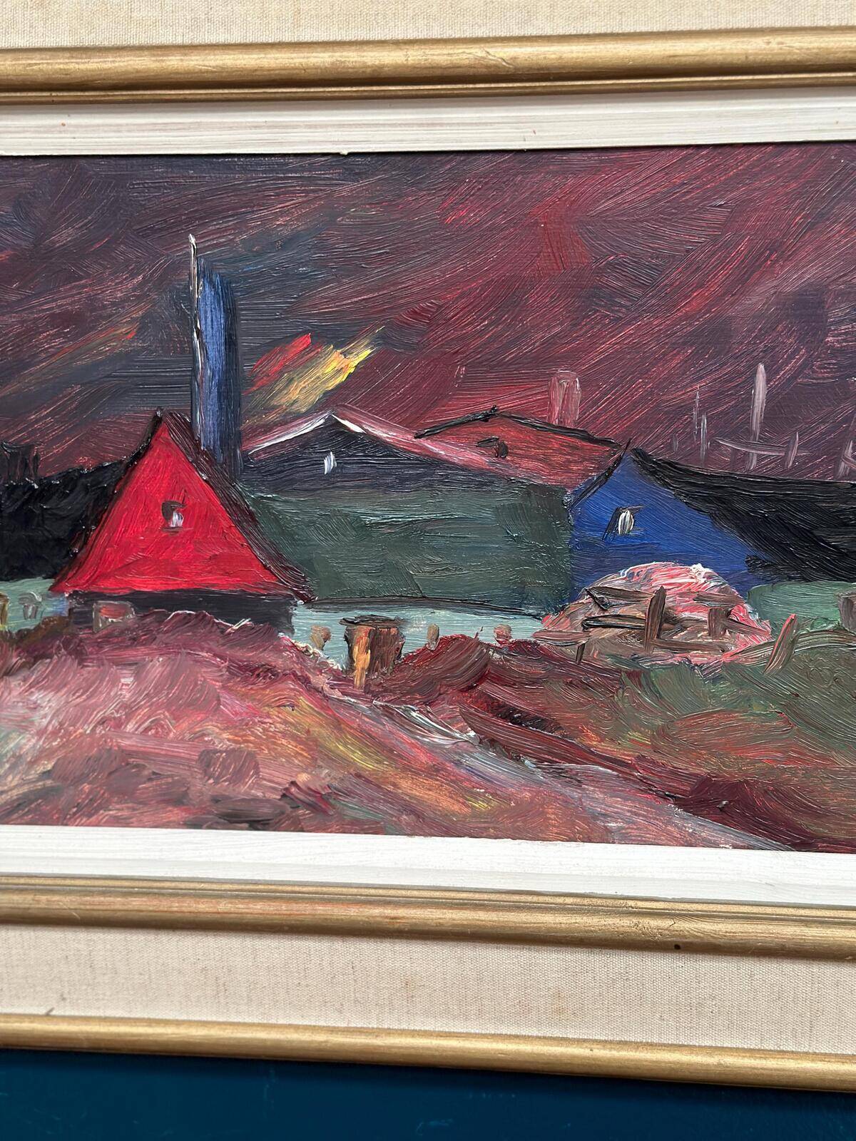 Original Swedish Oil on Panel – “Huts” – Vintage & Framed – 77 × 41 cm