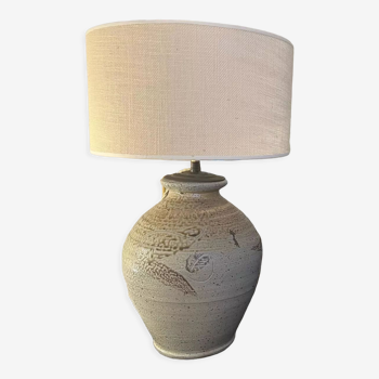 Lampe à poser.en grès vintage et abat jour en jute neuf