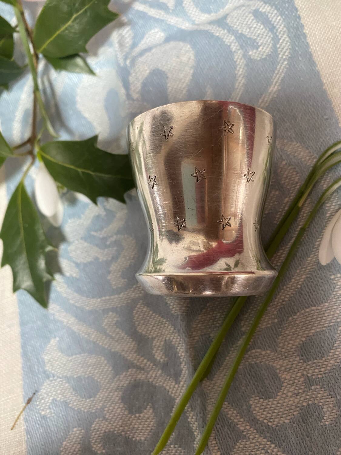 Antique silver metal egg cup
