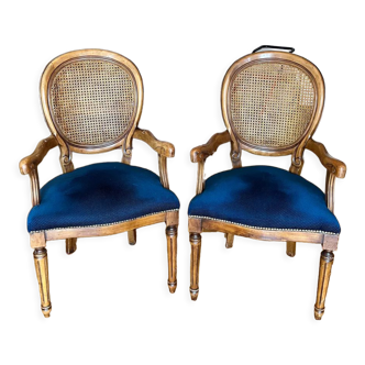 2 fauteuils médaillon cannage velours bleu