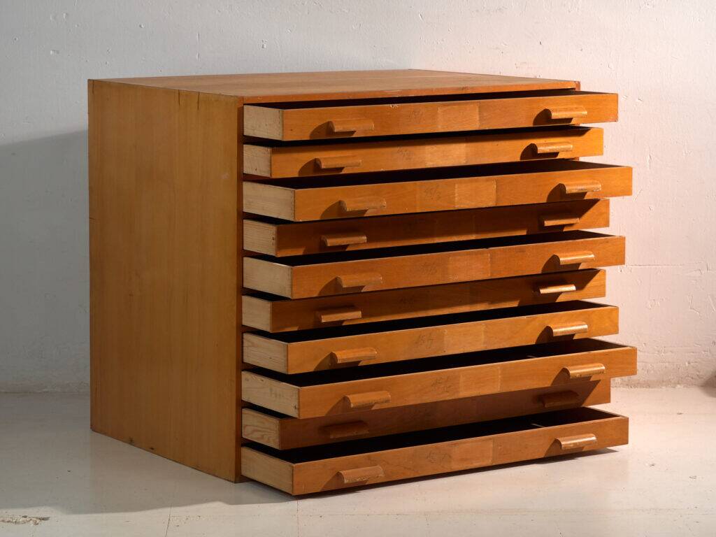 Antique plan cabinet in beech wood – Central Europe, circa 1960