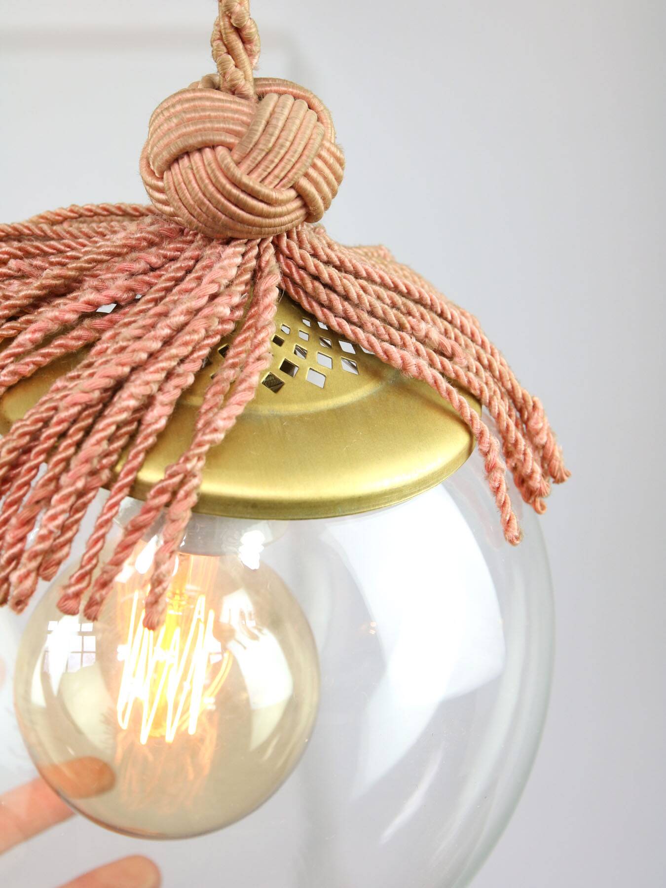 Art Deco Italian Pink Fabric and Brass Globe Pendant Lamp