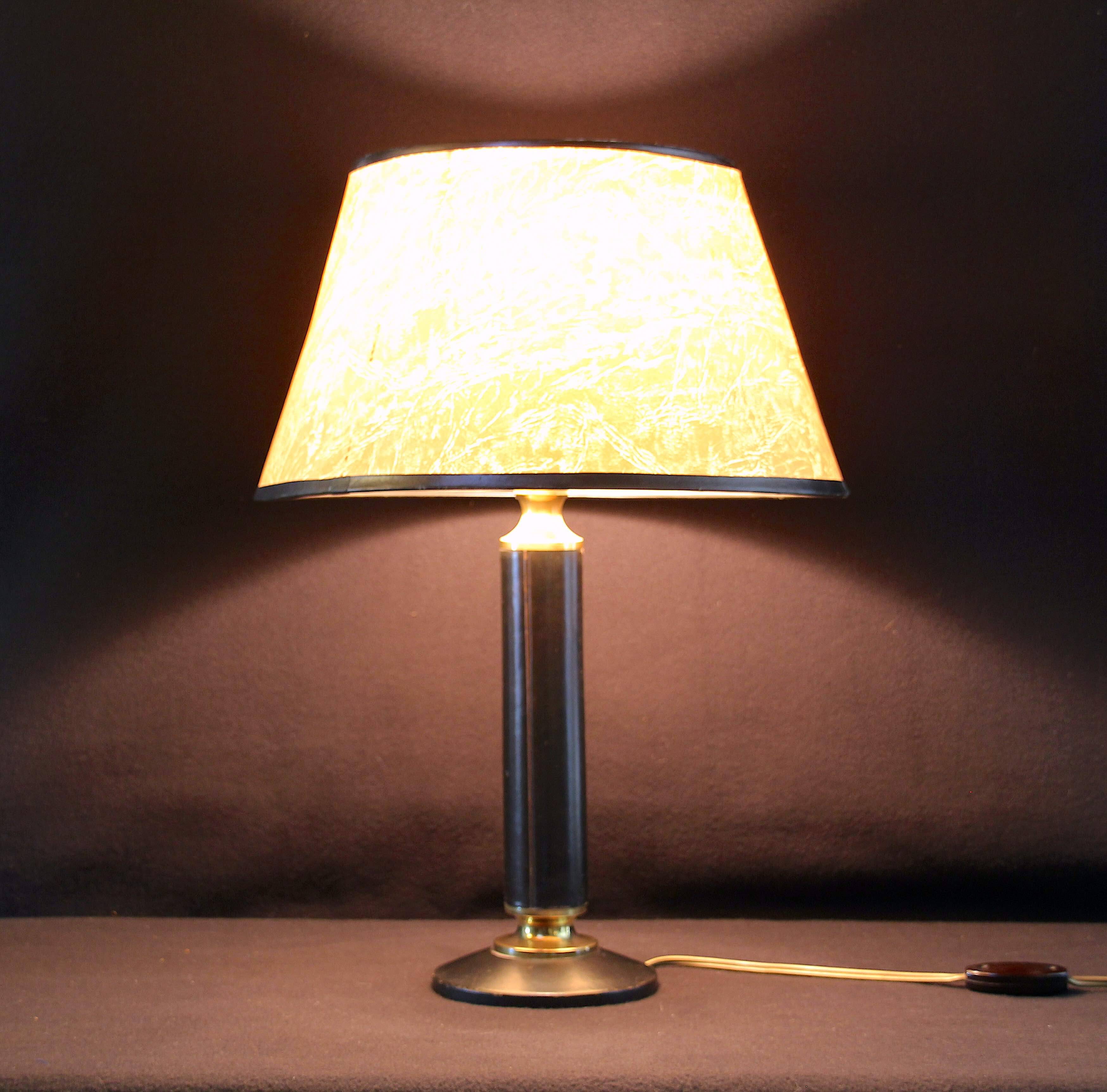 Mid-Century France Leather and Brass Table Lamp