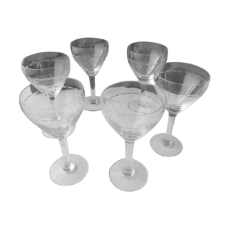 Set of 6 vintage wine glasses in ground glass décor
