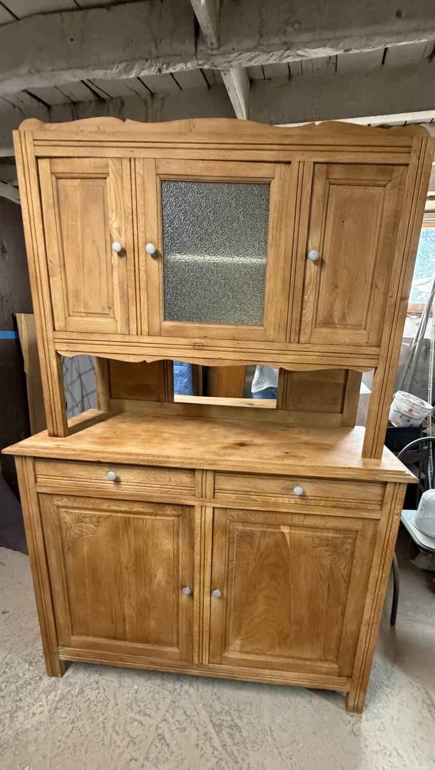 Renovated solid oak sideboard – vintage chic country buffet – glass display