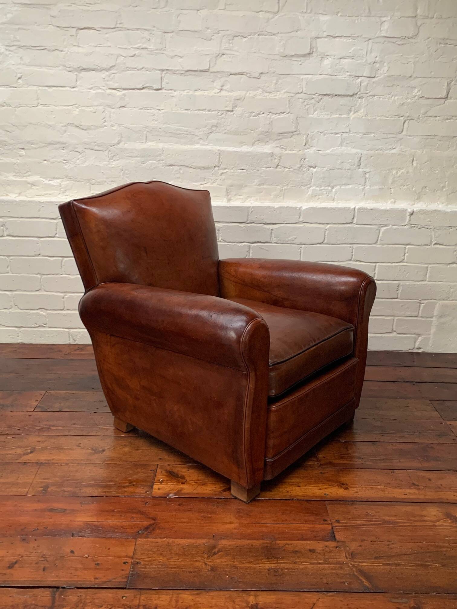 Antique French Leather Club Chair, Moustache Model, Circa 1930’s
