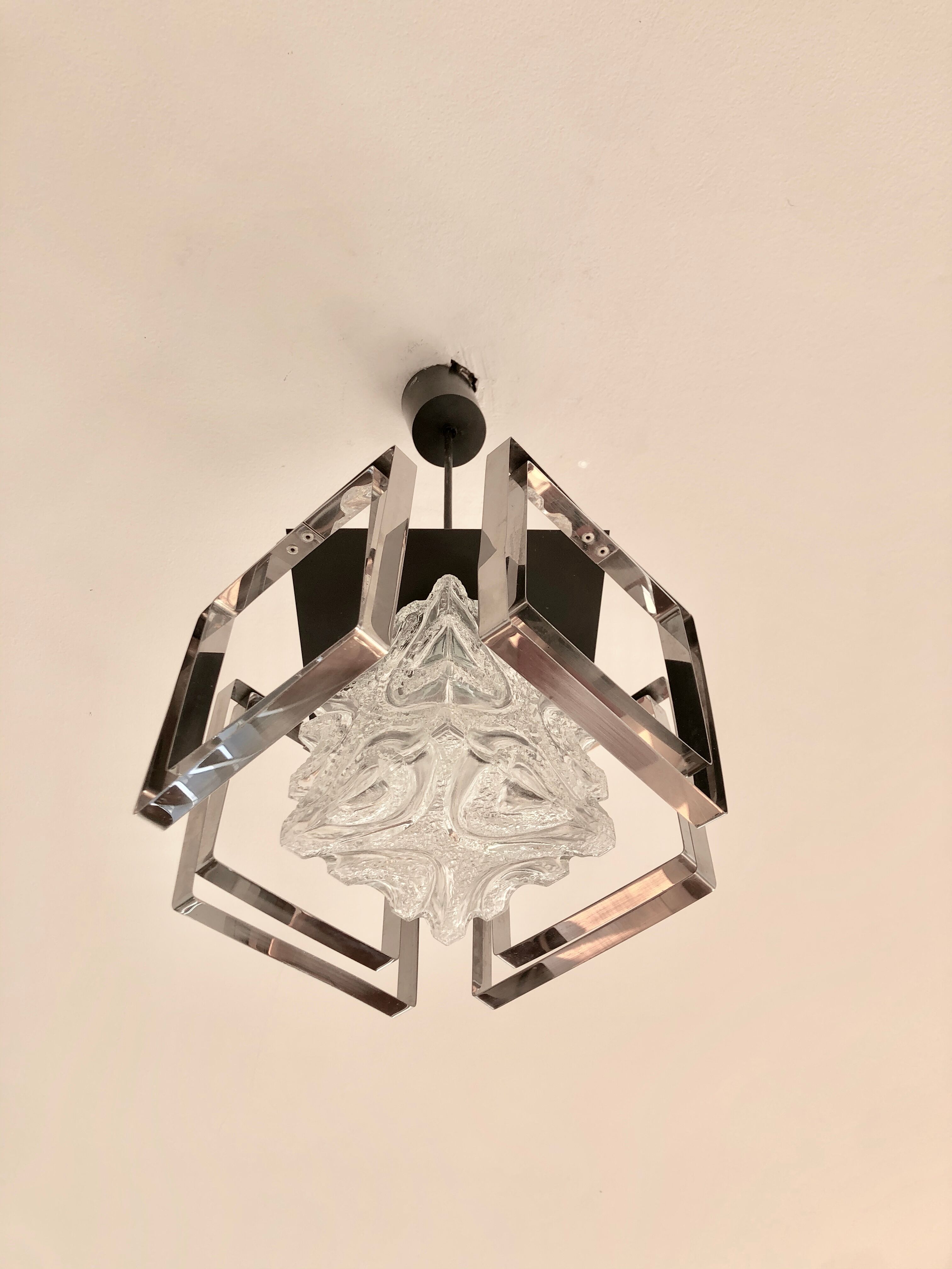 Glass and chrome hanging lamp 1970