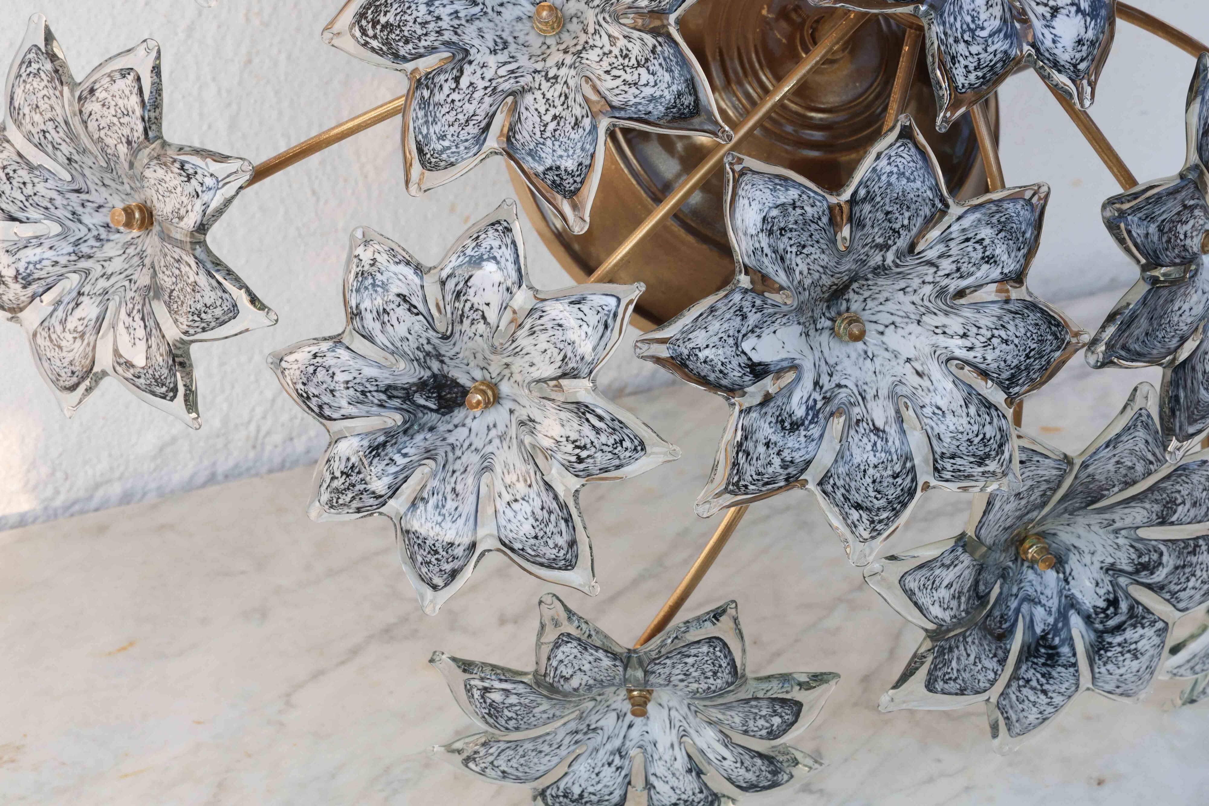 Large Murano Vintage Ceiling Light Black Flowers, 1970s