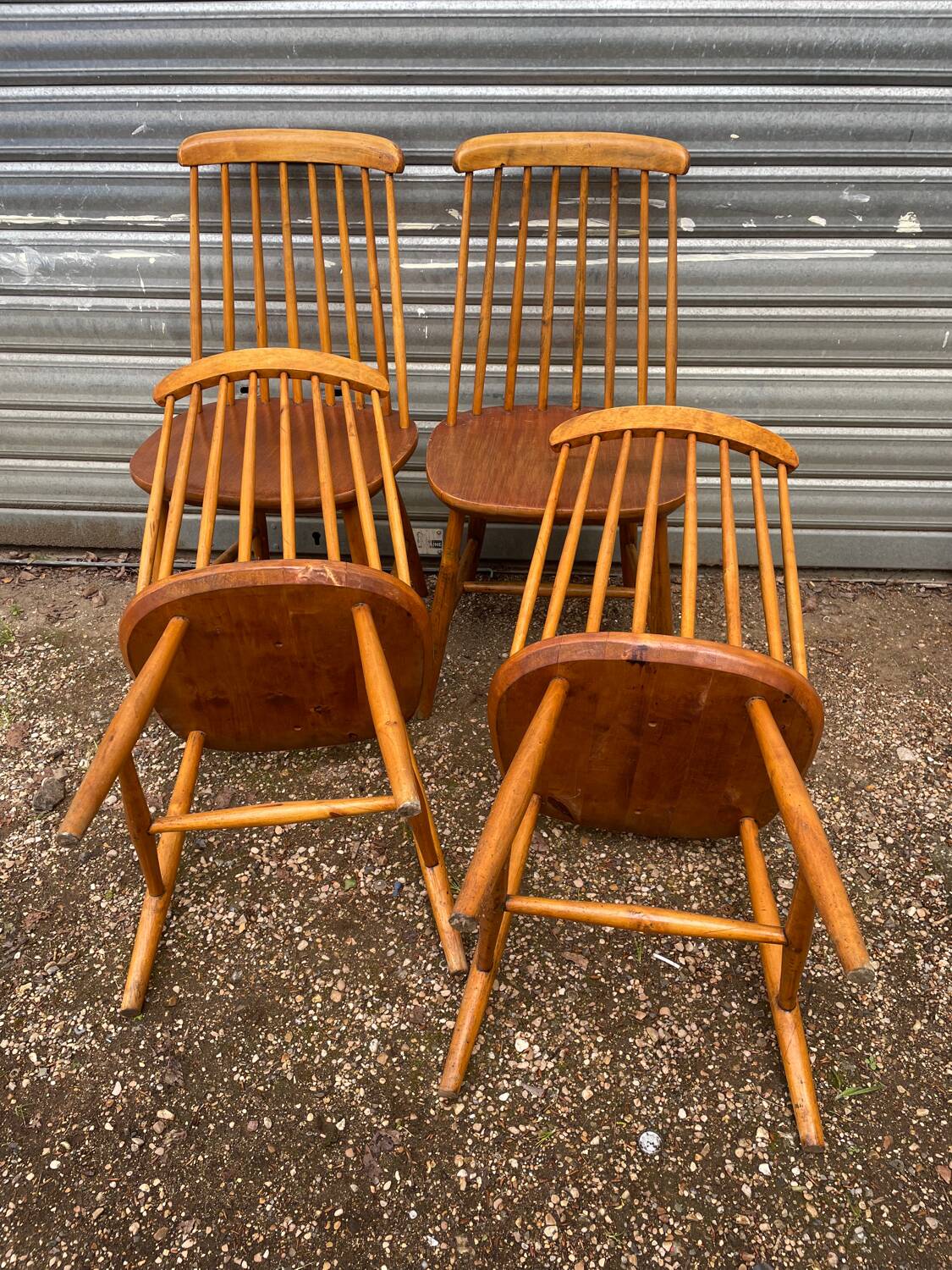 Set of 4 vintage beech chairs with teak seat