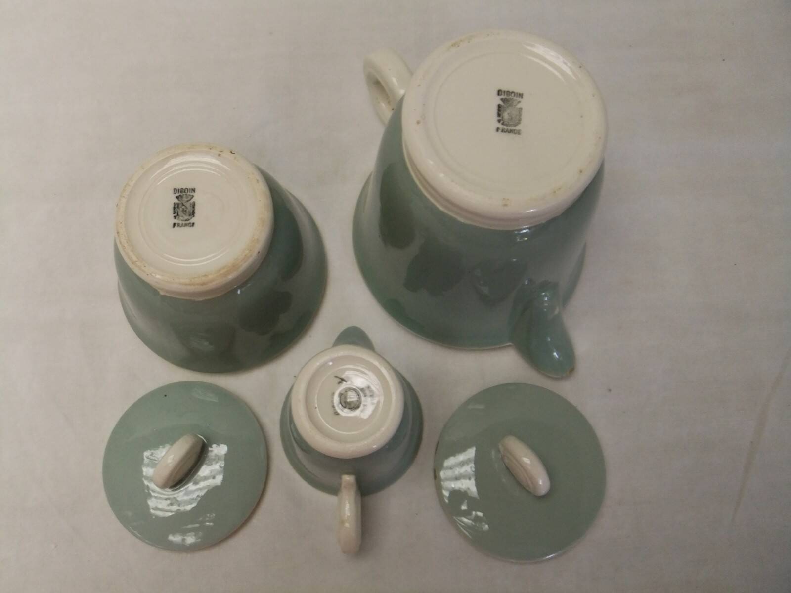 Digoin Sarreguemines almond green vintage Art Deco earthenware coffee set