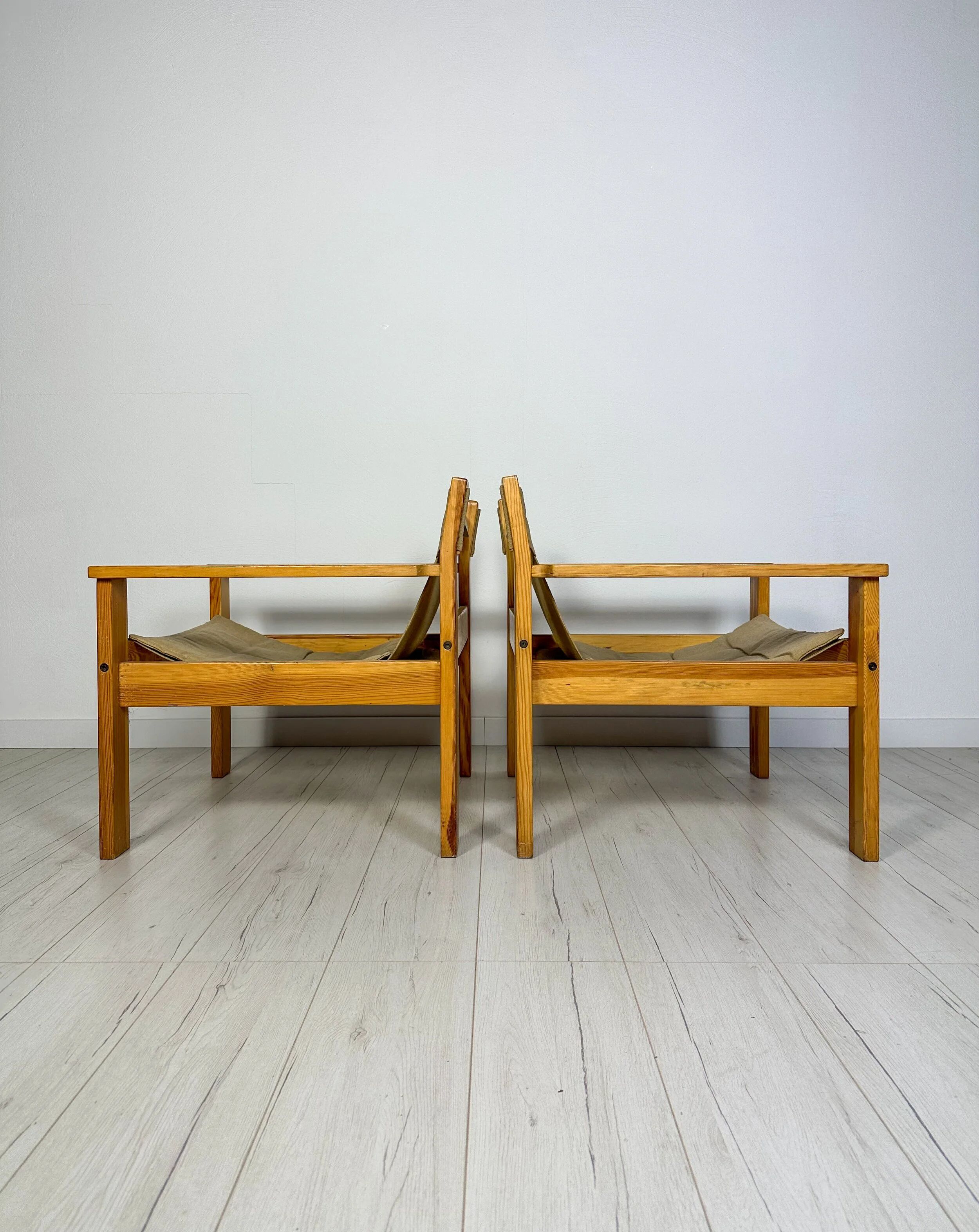 '70s set of 2 pine & canvas lounge chairs by Erik Wørts for IKEA