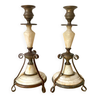 Pair of antique marble and brass candle holders