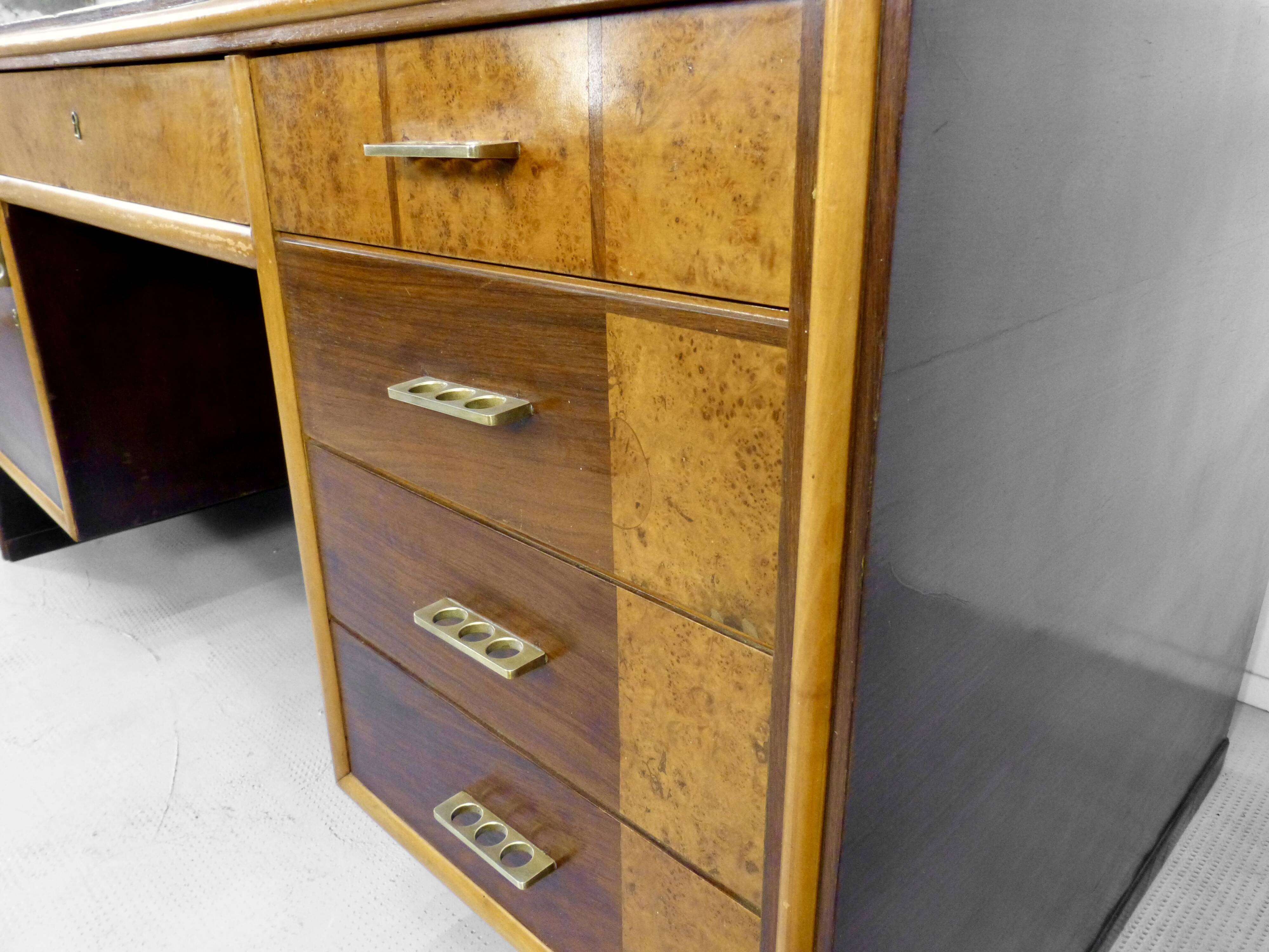 Italian Art Deco Desk In Dark Walnut And Brass.