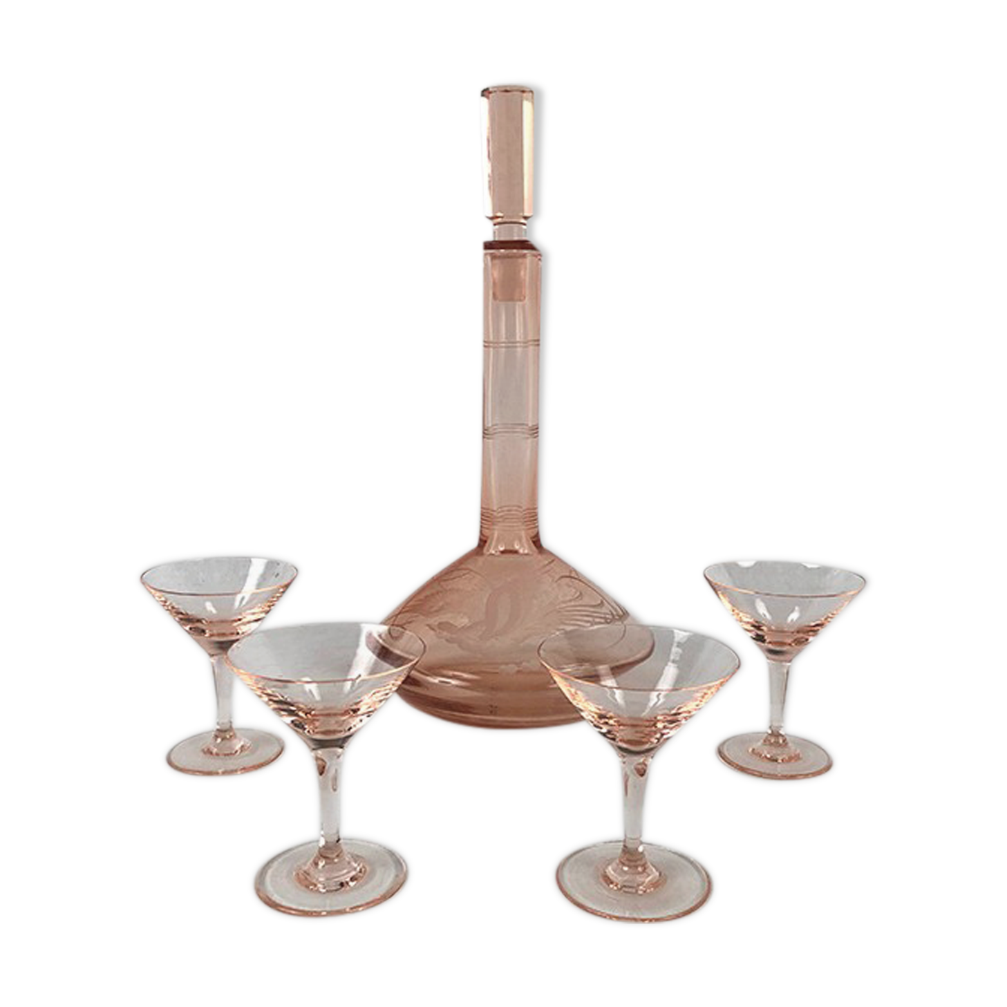 Pink glass liquor service, engraved decanter