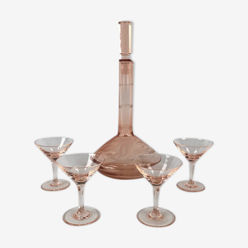 Pink glass liquor service, engraved decanter