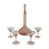 Service à liqueur en verre rose, carafe gravée