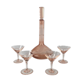 Service à liqueur en verre rose, carafe gravée