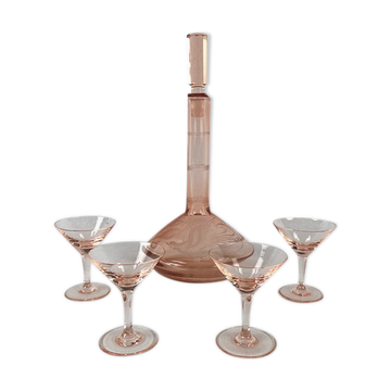 Pink glass liquor service, engraved decanter