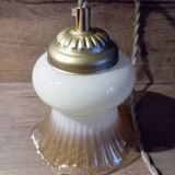 Vanilla caramel ruffled tulip portable lamp, linen cord
