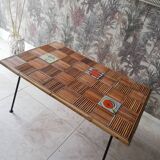 Rattan coffee table and 1950s ceramics