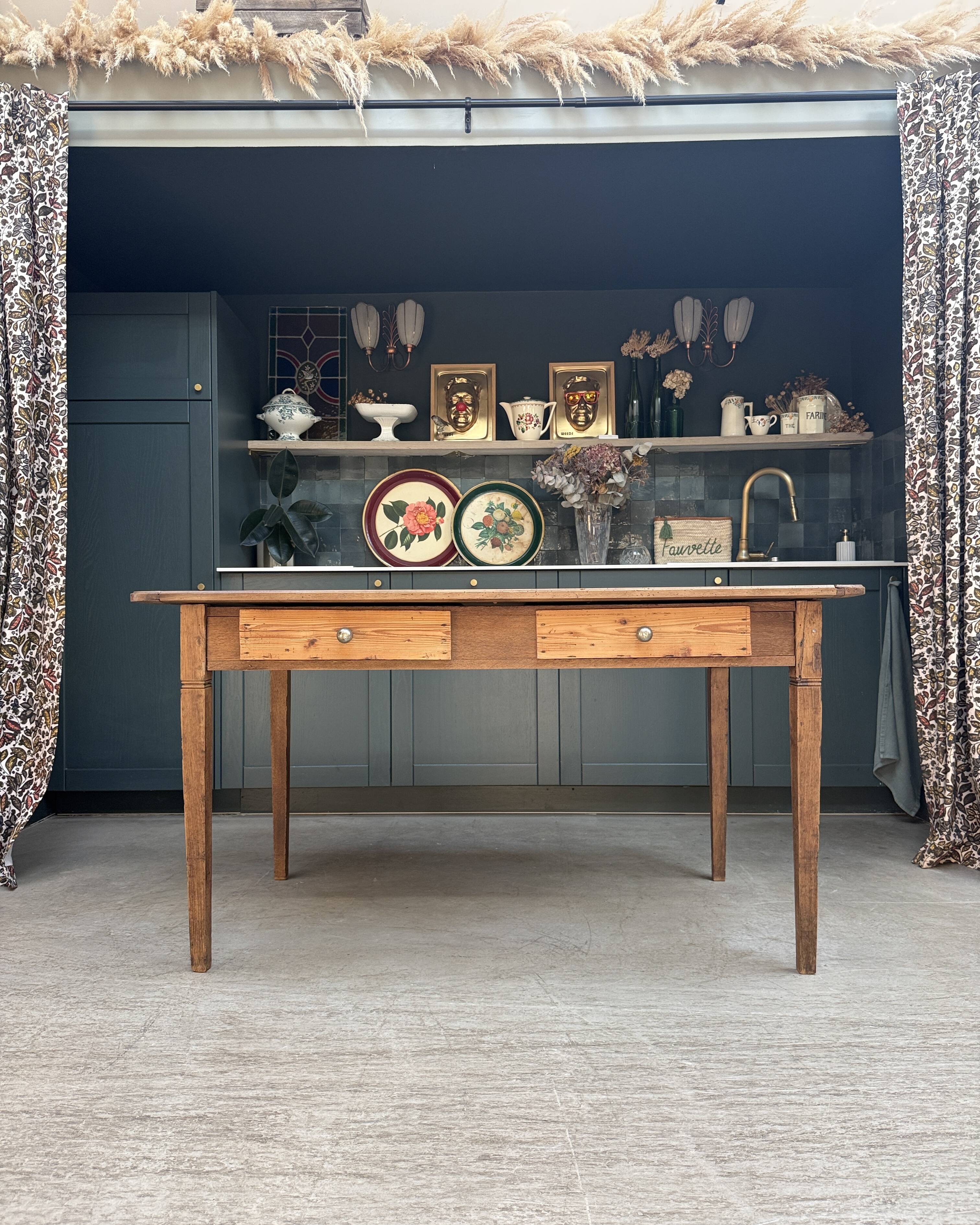 Renovated oak and walnut farmhouse table.