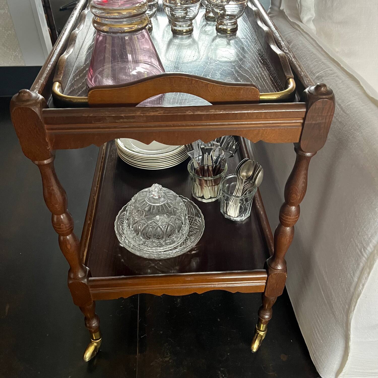 Wooden and brass rolling trolley