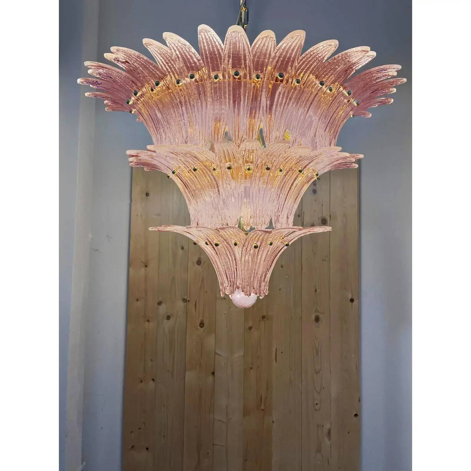 Pair of Iconic Mid-Century Modern Pink “Palmette” Murano Glass Chandeliers
