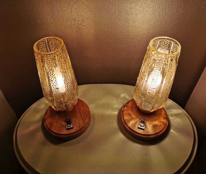 Wooden lamps with gilded glass hood, 70s