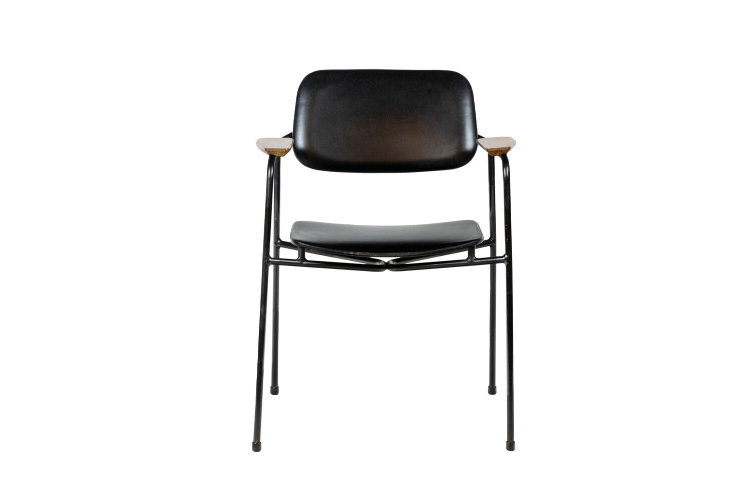 Paire de fauteuils en métal, chêne et cuir, années 1950