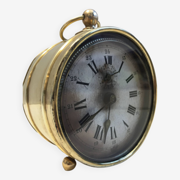 Old Large Alarm Clock Perfected Mechanical Brass Late 19th Patented Watchmaking
