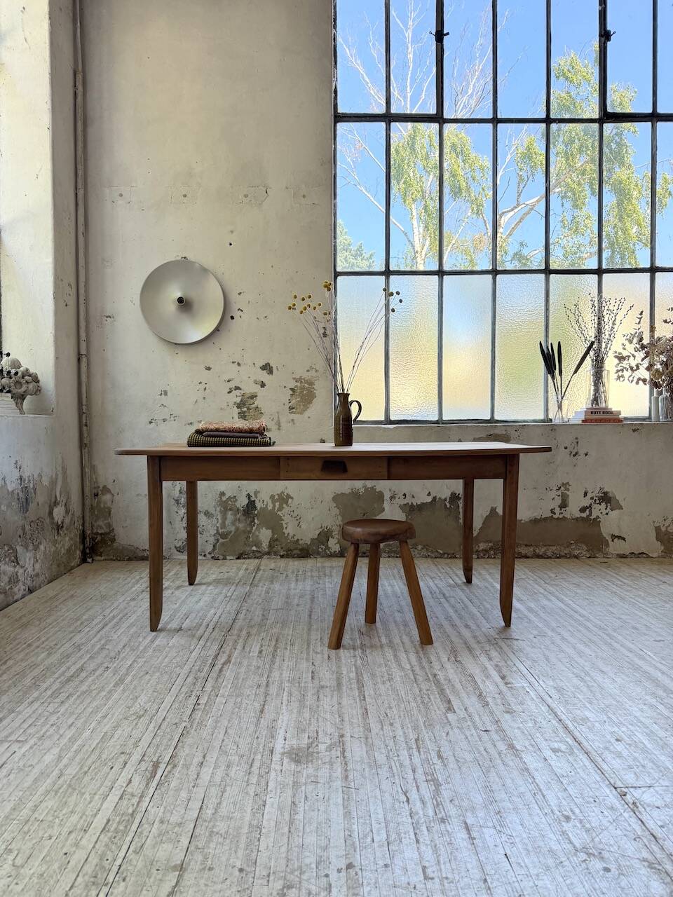 Beech and pine farmhouse table with spindle legs 170 cm