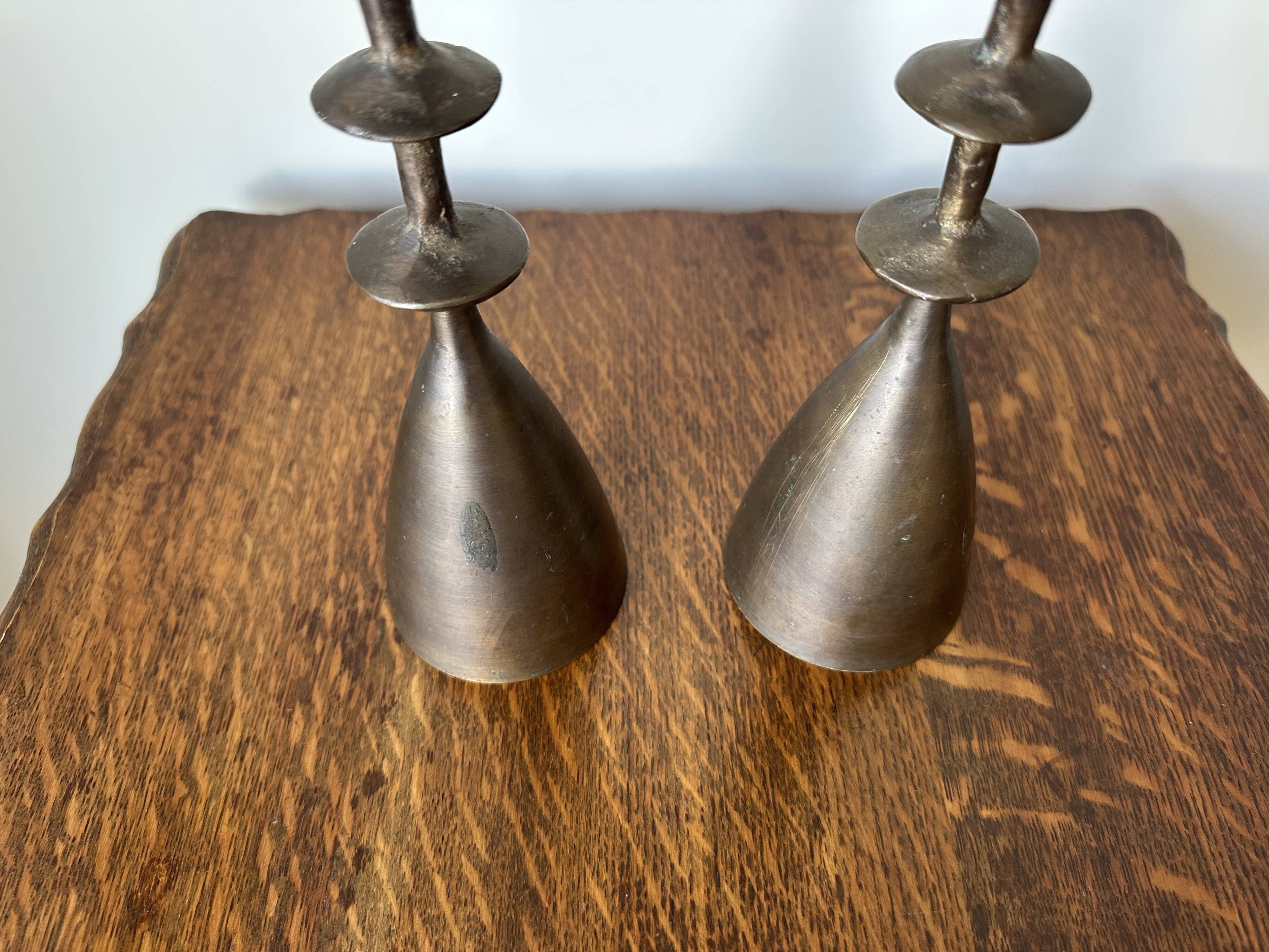 Vintage mid century brutalist hand forged brass candlesticks