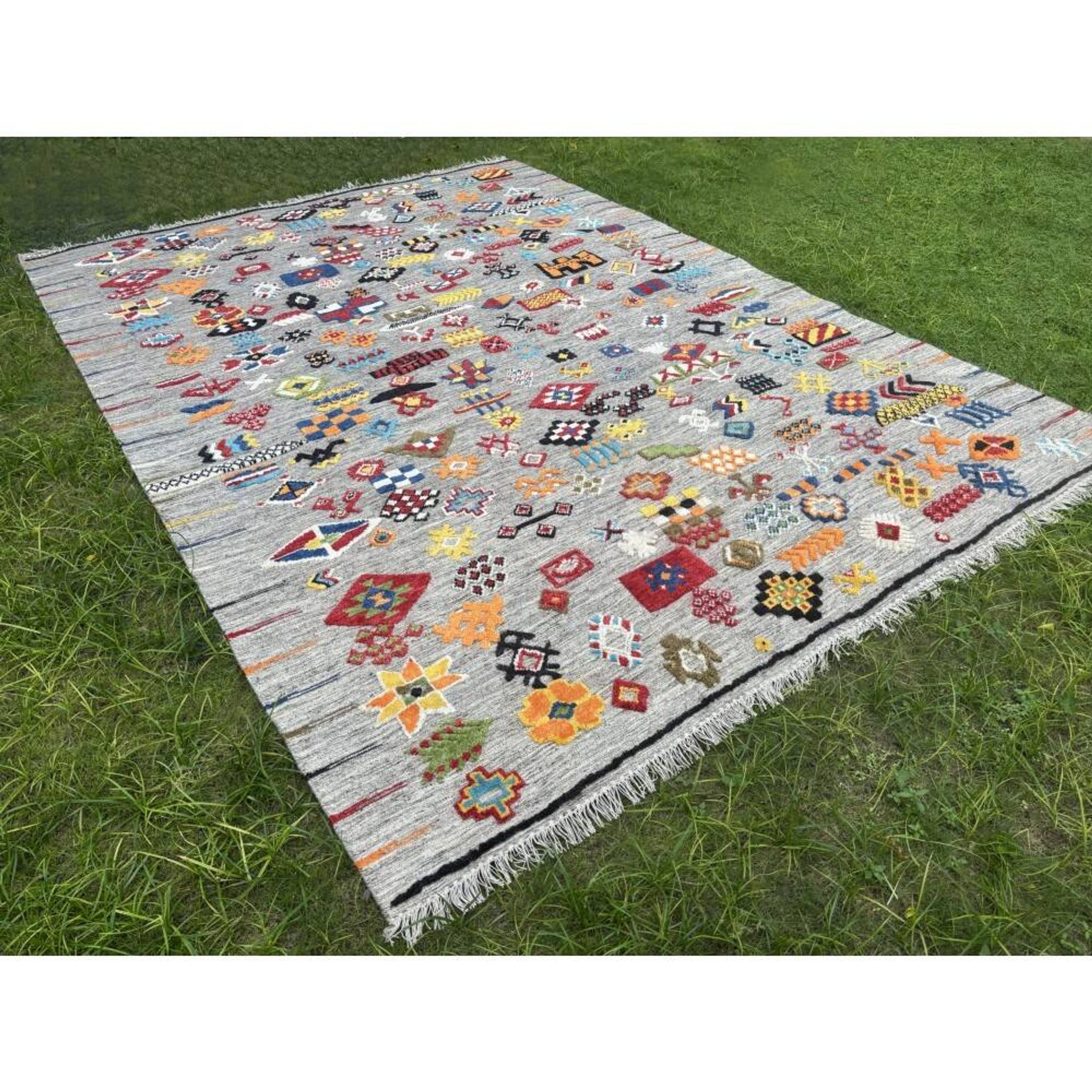 Tapis en laine 100 % noué à la main multicolore. Tapis géométrique gris. Kilim tribal tissé à la main.