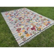 Tapis en laine 100 % noué à la main multicolore. Tapis géométrique gris. Kilim tribal tissé à la main.