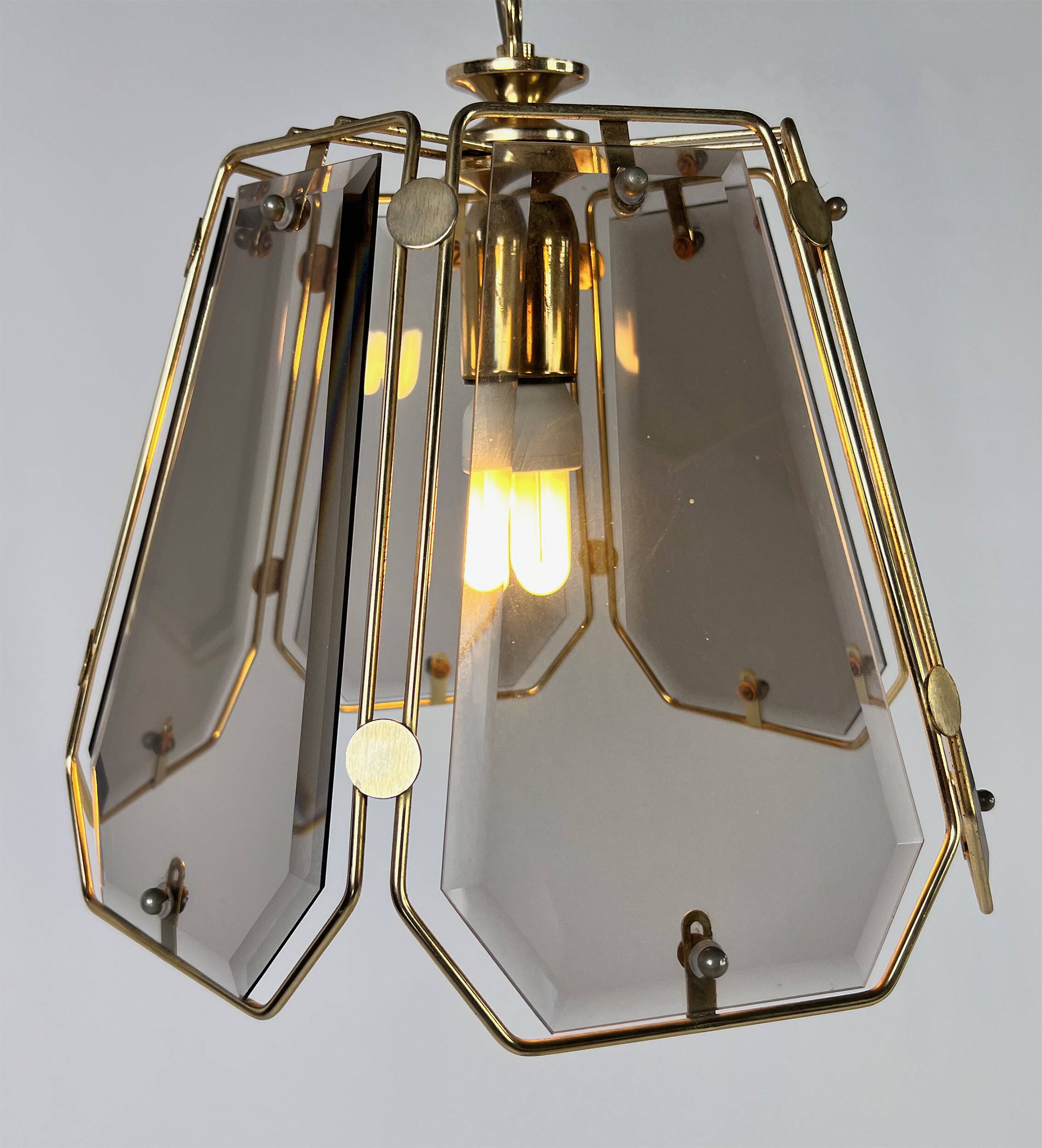 French Brass and Smoked Glass Hal Pendant, 1970s