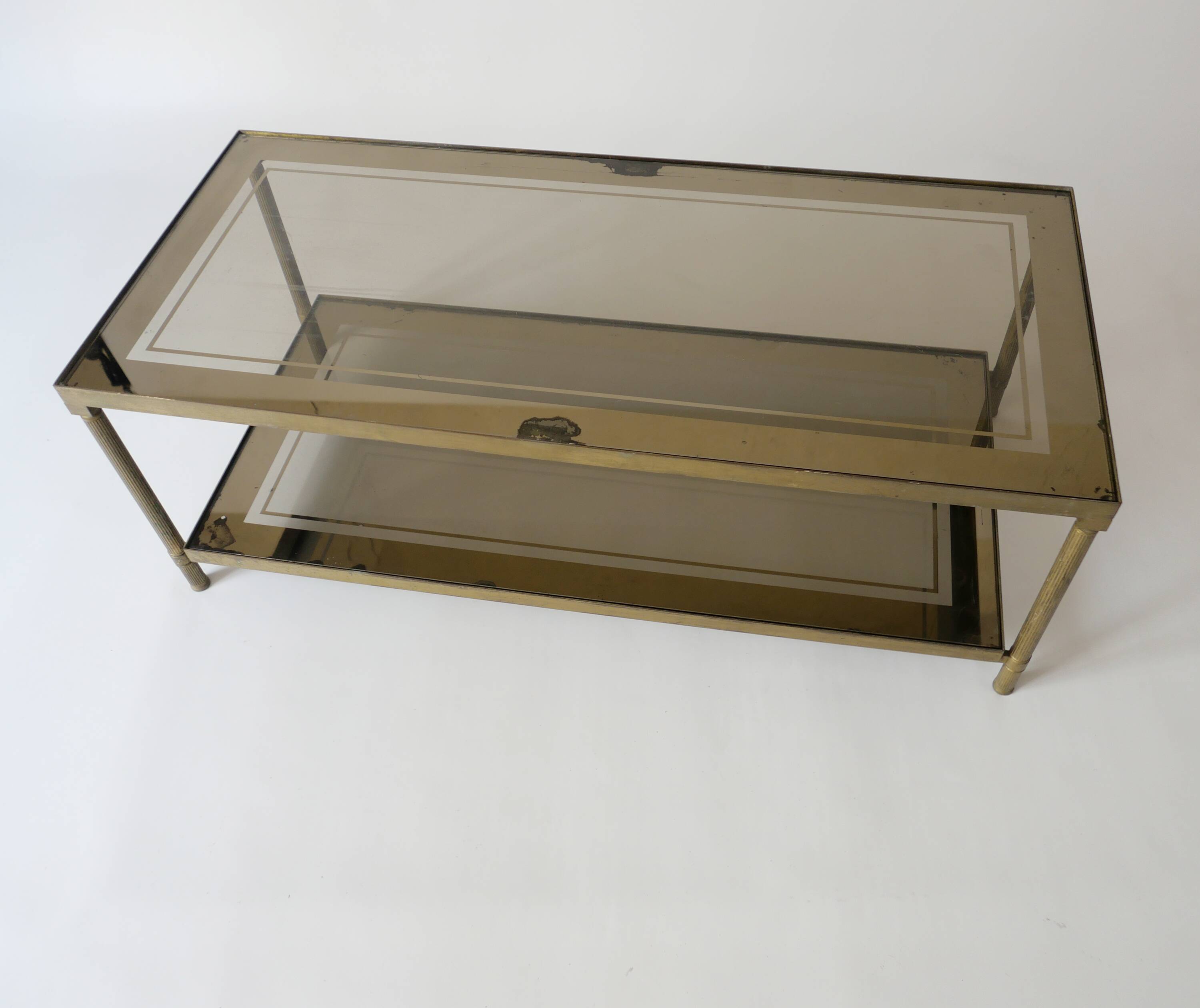 vintage brass coffee table with smoked glass mirror, antique Maison Jansen