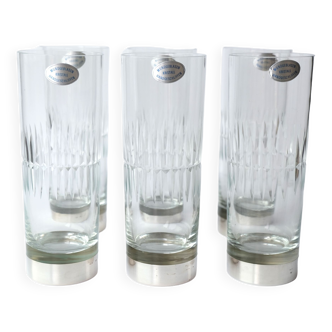6 vintage silver crystal whisky glasses