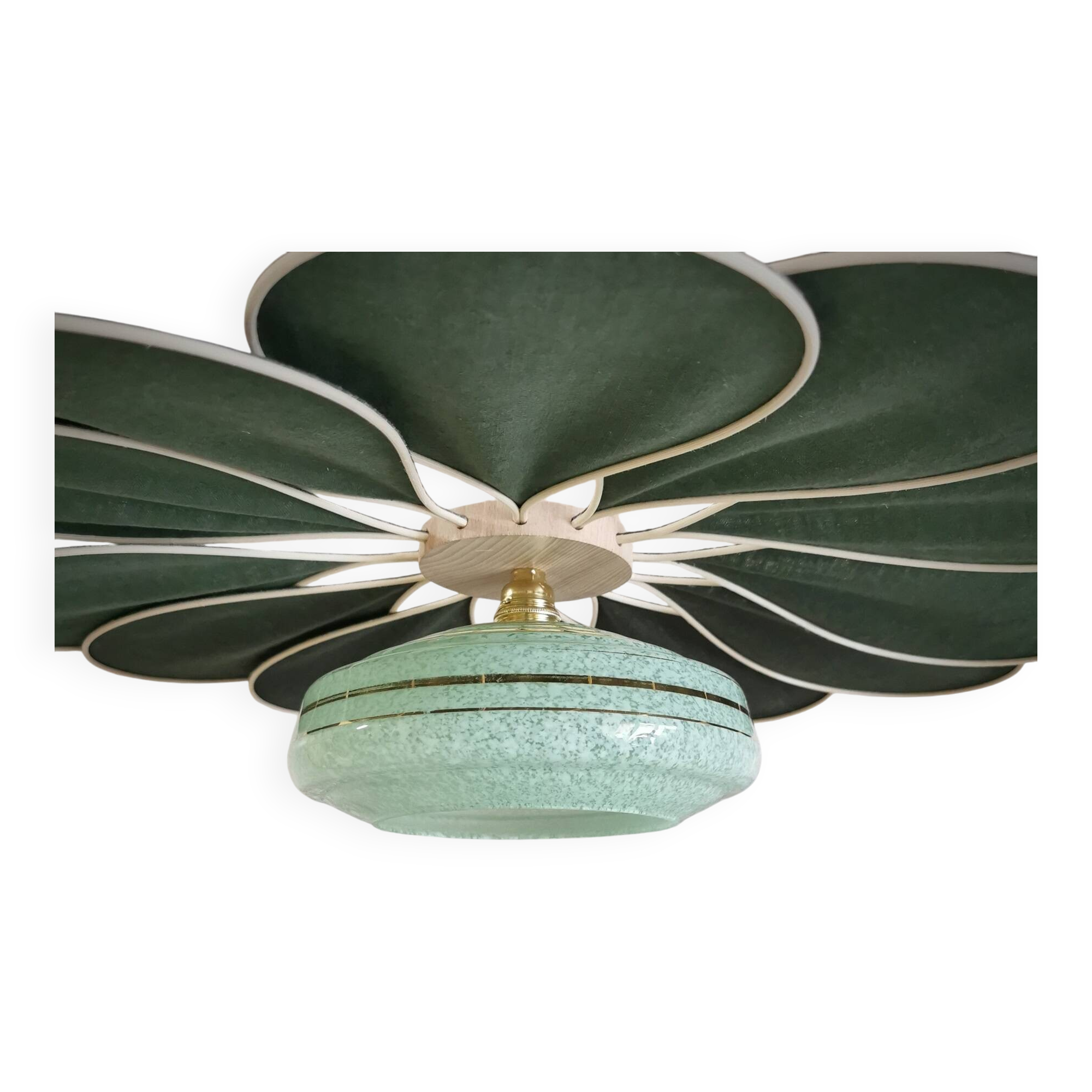 Rattan and Green Linen Flower Pendant Light and Vintage Clichy Glass Globe
