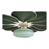 Rattan and Green Linen Flower Pendant Light and Vintage Clichy Glass Globe