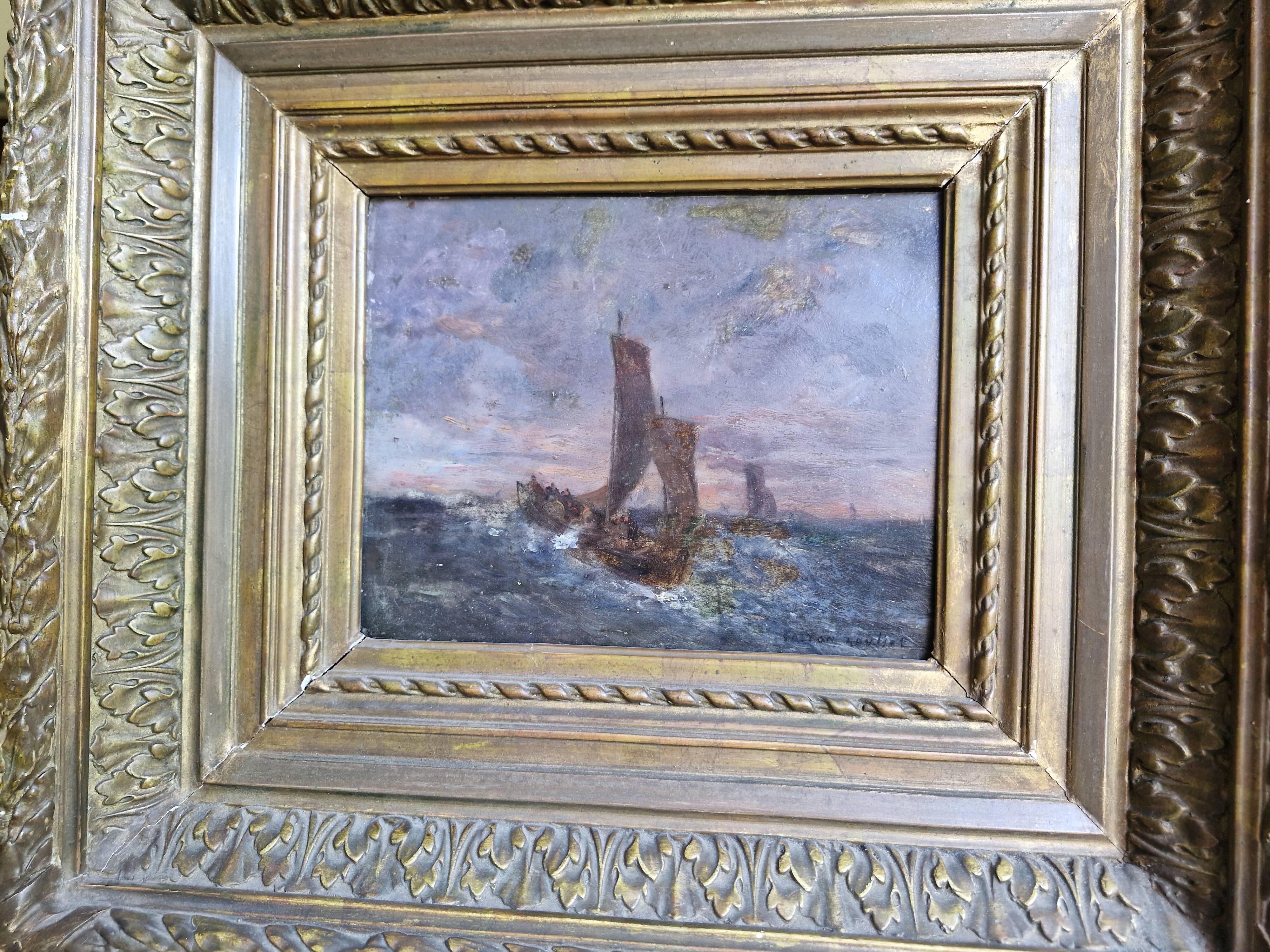 19th-century painting signed by Gaston Roullet, marine painter.