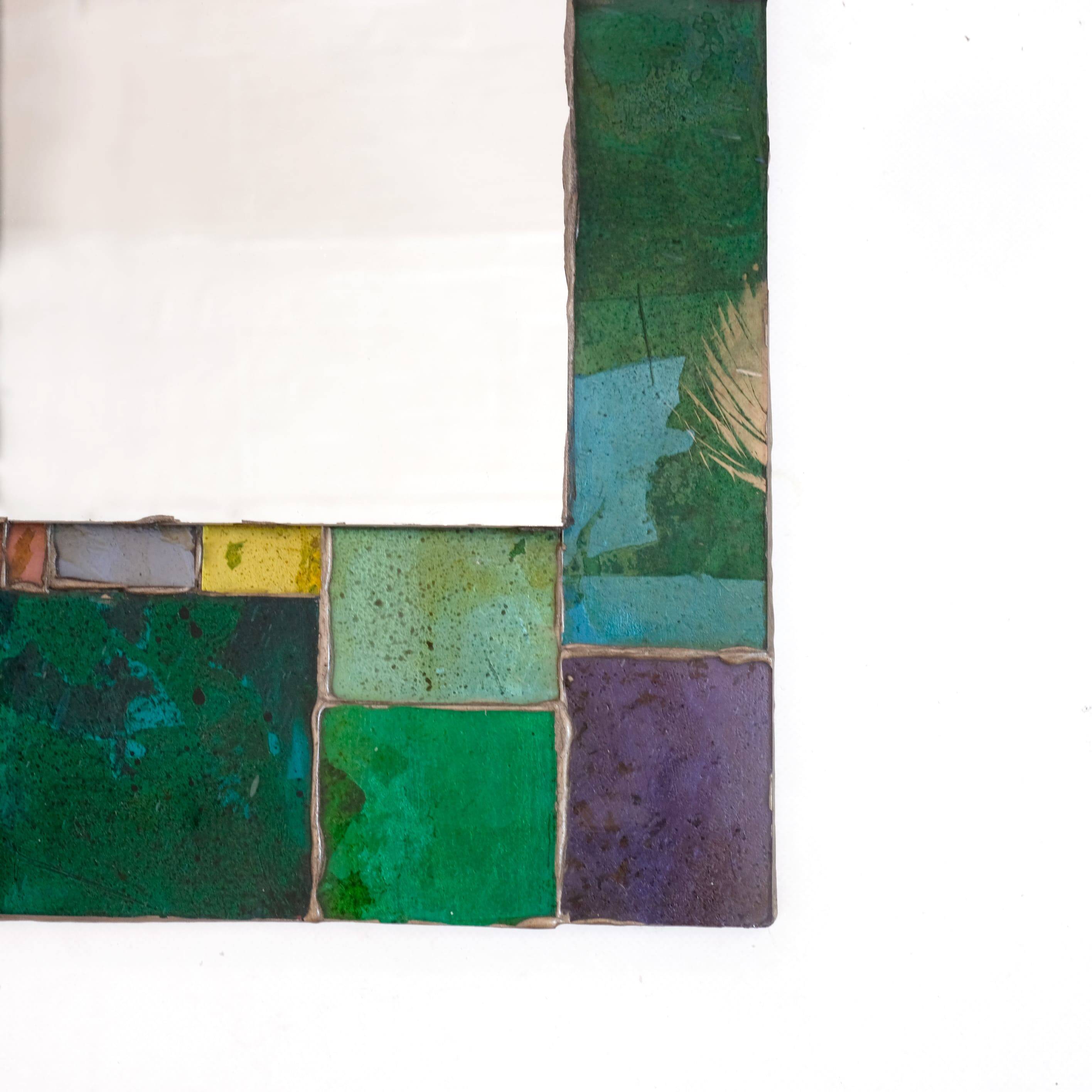 Coloured glass mirror, French work from the 1960s, 35x77 cm.